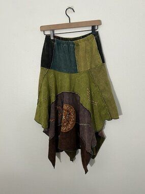 Jayli Boho Patchwork Cotton Colorful Asymmetrical Midi Skirt Small Embroidered